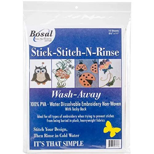 Bosal Stick-Stitch-N-Rinse Wash Away-Stabilizer 8,5"x 11 cm, 10 Pezzi, Altri, Multicolore