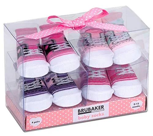 BRUBAKER 4 paia di calze neonato da 0-12 mesi - calzini femminuccia design classico in rosa