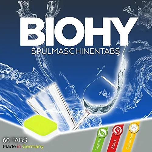 BIOHY Spülmaschinen Tabs (60 Tabs) | Detersivo per Piatti a 2 Fasi Altamente Efficace | Pastiglie per lavastoviglie per Una Pulizia Efficace Confezione da 60 compresse