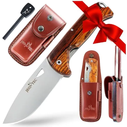 JEO-TEC Nº47 Coltello Pieghevole da Sopravvivenza Caccia Pesca Outdoor Campeggio - Lama in Acciaio Inox MOVA - Custodia in Pelle - Fatto a Mano in Spagna