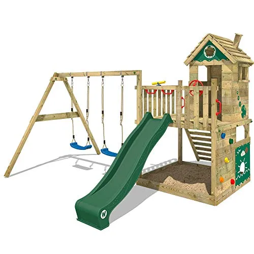 WICKEY Parco giochi in legno Smart Lodge 120 Giochi da giardino con altalena e scivolo verde, Casetta arrampicata da gioco con sabbiera per bambini