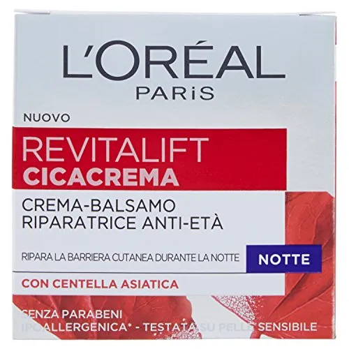 L'Oréal Paris Trattamenti Revitalift Cicacrema Crema Viso Antirughe Idratante Riparatrice Notte con Centella Asiatica, 50 ml