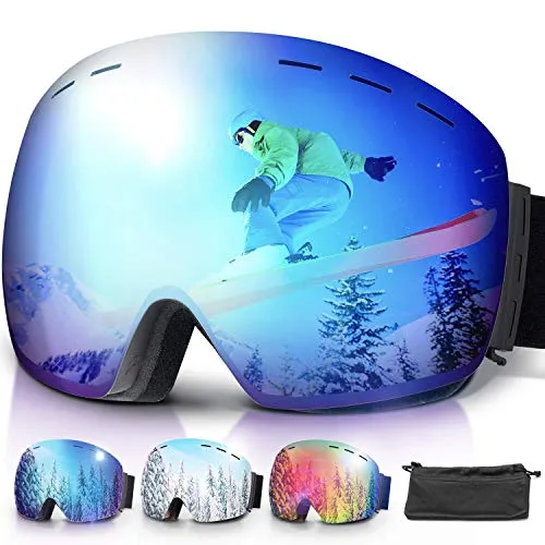 amzdeal Occhiali da Sci OTG, Maschera da Sci Snowboard Antivento Anti Fog Protezione 100% UV 400 per Uomo, Donna e Gioventù per a Snowboard, Motocross e Altri Sport Invernali (Blu)