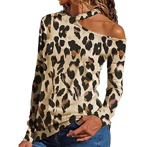 oneforus T-Shirt Donna Sexy Senza Spalline Top Senza Spalline con Apertura Irregolare e Collo a capocollo Senza Spalline a Maniche Lunghe Stampa Leopardo