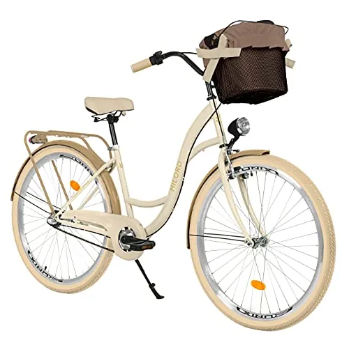 Milord Bikes - Bicicletta da donna, 26 pollici, 3 marce, comoda, con cestino,stile olandese, Citybike , retrò, vintage, colore crema e marrone