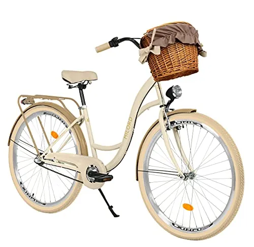 Milord. Bicicletta Comfort cremoso - Marrone a 3 velocità da 28 Pollici con cestello e Marsupio Posteriore, Bici Olandese, Bici da Donna, City Bike, retrò, Vintage
