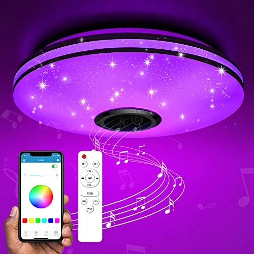 TESECU Plafoniera LED Soffitto Dimmerabile,Starlight Lampada Soffitto con Altoparlante Bluetooth,RGB Lampada Musicale con Cambio Colore,Lampadario Smart con Telecomando e Controllo APP,36W