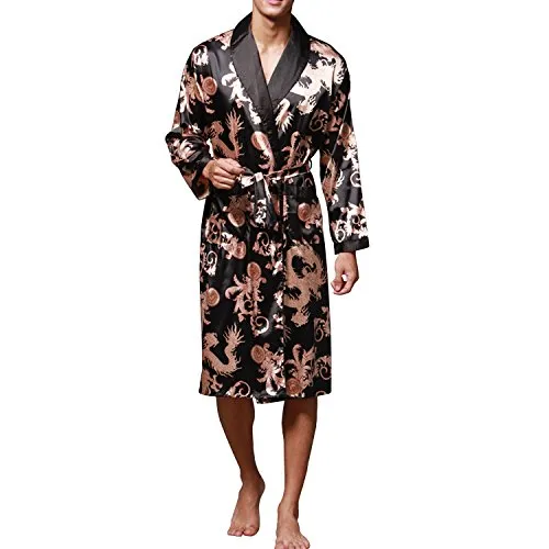 Sidiou Group Vestaglia Kimono Uomo Abito Kimono Pigiama Vestaglia Raso Manica Lunga Camicie da Notte Accappatoio Biancheria da Notte Abito da Notte Indumenti da Notte (Nero, S)