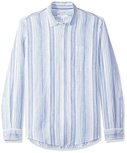 Amazon Essentials - Camicia da uomo in lino, con stampa, a maniche lunghe, aderente, Blu a righe, US XL (EU XL - XXL)