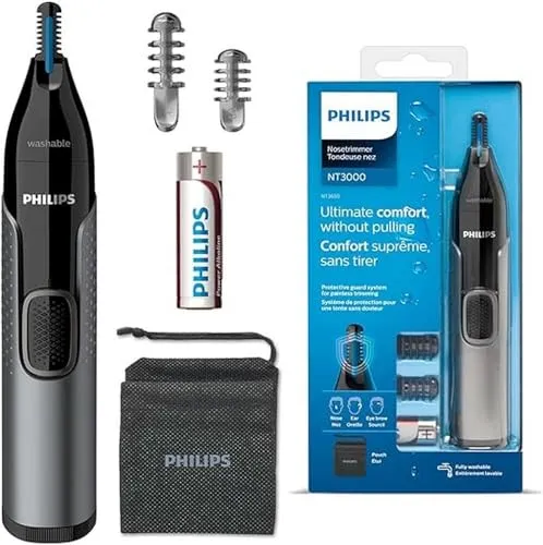 PHILIPS Rifinitore per Peli di Naso, Orecchie e Sopracciglia, Rifinisce i Peli Senza Tirare, Protezione Lavabile, Batteria AA, 2 Pettini Sopracciglia, Custodia, ABS, Grigio, Taglia Unica