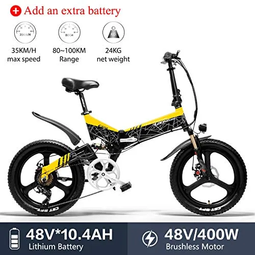 LANKELEISI G650 - Bicicletta elettrica 20 x 2,4 Grande, per Mountain Bike, Pieghevole, per Adulti, 400 W, 48 V, LG, Batteria al Litio Shimano 7 velocità, Jaune + 1 Extra 10.4ah batterie
