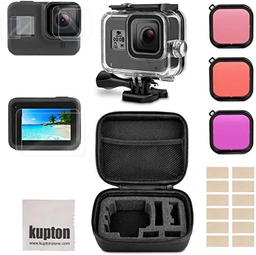 Kupton Kit di Accessori compatibile con GoPro 8 Black include Custodia Impermeabile+Protezione Dello Schermo Vetro Temperato+Custodia per il Trasporto+Inserti Anti-Appannamento compatibile con GoPro8