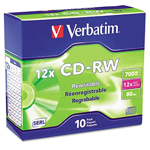 Verbatim 95156 – CD-RW Discs, 700 MB/80MIN, 12 x, W/Slim Jewel Cases, Silver, 10/pack-ver95156