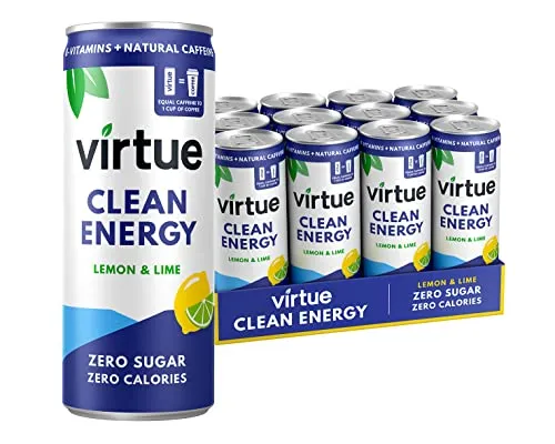 Virtue Clean Energy - Energy Drink Naturale - Senza Zucchero, Zero Calorie, Vegano, Keto, Senza Glutine, Vitamine Gruppo B (Limone & Lime, 12 x 250ml)