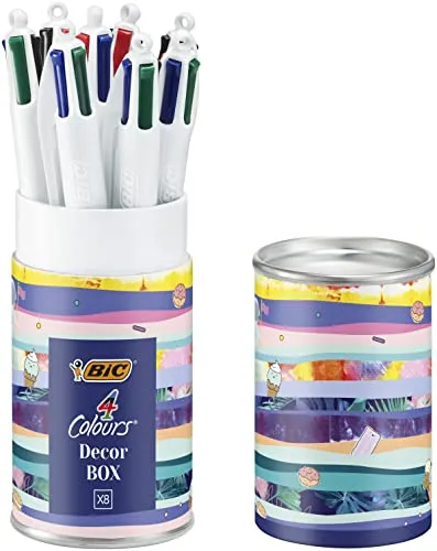 BIC 4Colori Decors, Penne Colorate a Sfera, a Scatto, Set Cancelleria con 8 Penne Multicolore, Punta Media, Idea Regalo