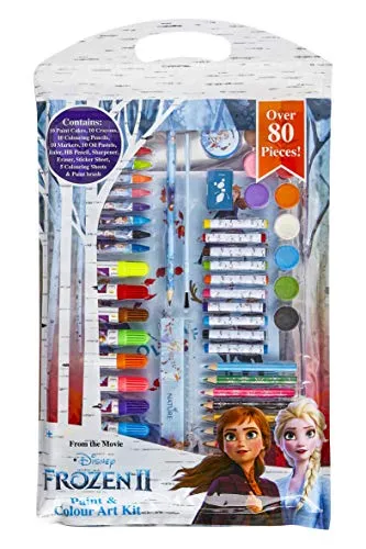 Disney Frozen 2 Colori per Bambini con Anna E Elsa,Kit Pittura 80 Pezzi con Tempere Pennarelli Colorati Matite Pastelli a Cera Ed Adesivi, Idee Regalo Bambine Creative,Giochi Educativi Bambina 3 Anni