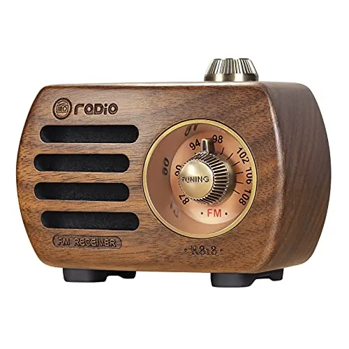 PRUNUS R-818 Radio Vintage Legno,Radio Portatile con altoparlante Bluetooth, mini radio FM in stile vintage, radio ricaricabile, altoparlante per bassi di alta qualità, Supporto AUX (Legno di Noce)