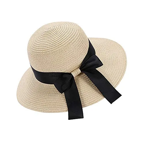 Moxamo Cappello da Sole di Paglia per Donna, da Spiaggia Fedora - Larga, Estivo, Tondo Pieghevole, Protezione UV (Beige)