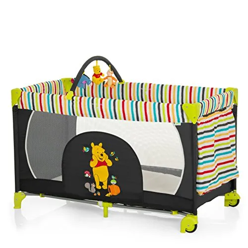 Hauck/Dream N Play Go/Lettino da Viaggio 5 Pezzi 120 x 60 cm/per Neonati fino a 15 kg/con Ruote, Materasso, Borsa di Trasporto, Arco Giochi, Tasca/Pieghevole, Leggero, Stabile/Pooh tidy time (nero)