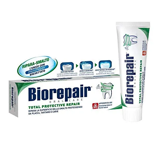 Biorepair Dentifricio Total Protective Repair, Anticarie, Ripara lo Smalto, Rigenera lo Smalto, Antibatterico, senza Fluoro, Confezione da 75 ml