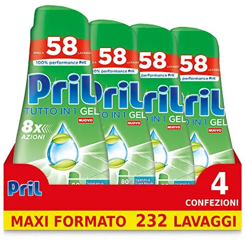 Pril Gel Green Tutto in 1, Nuovo Detersivo Lavastoviglie Gel, 4 Confezioni da 58 Lavaggi (232 lavaggi)