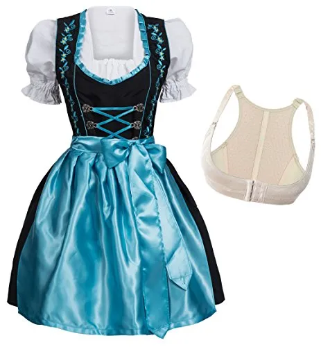 Gaudi-Leathers Dirndl Set Glossy Nero con Ricamo Blu Chiaro 4 Pezzi: Abito, Blusa, Grembiule e Reggiseno Push-up Shaper Taglia 40 M