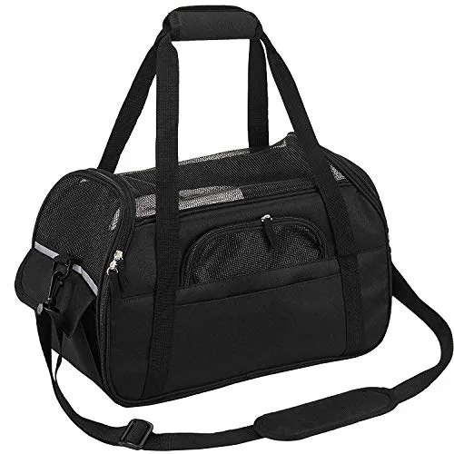 Petcomer Trasportino Morbido per Cane Borsa Tracolla Confortevole Viaggio per Cani Gatti in Treno Aereo(Nero L 48 x 25 x 33 cm)