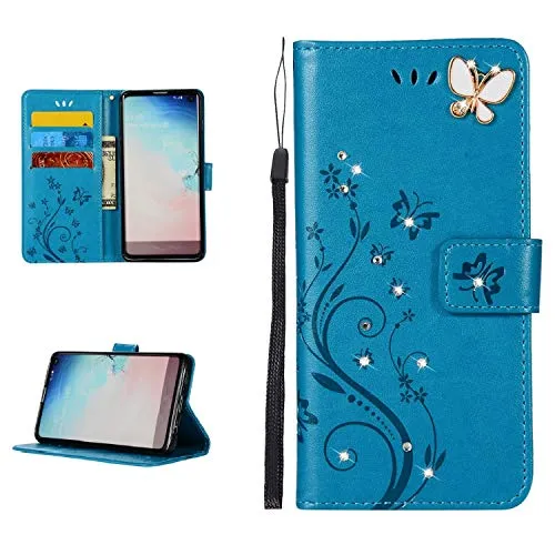 JOMAE-Shop - Custodia a portafoglio in pelle per Galaxy A40, con strass, con tasca porta carte di credito e scomparti per contanti, per Samsung Galaxy A40, colore: Blu