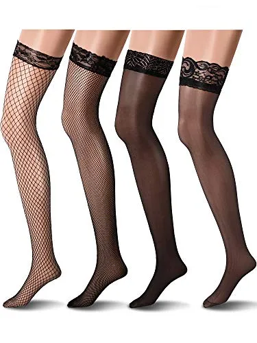 Tatuo 4 Paia Calze a Rete Donna Nero Pura Pizzo Collant a Coscia Alta Vita Alta (Stile 1, 4 Collant di Pizzo Coscia-Alta)