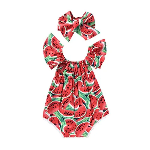 SCFEL Newborn bambina bambino U collo Watermelon Fruit Stampa Ruff la tuta Outfits + fascia 2pcs insiemi dei vestiti (6-12 mesi, Rosso)