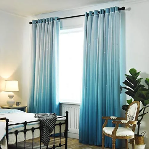 ZHAS Tende Voile Colore sfumato, Tende oscuranti Camera da Letto oscuranti Nordic Star Hollow Lace Tende-Blu 1 Pannello L130 cm * P200 cm