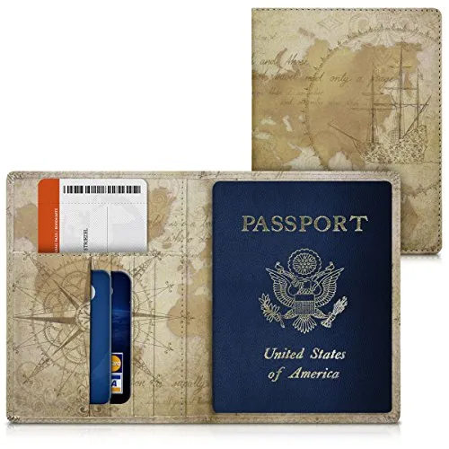 kwmobile Porta passaporto in pelle sintetica - Scomparti carte foderina per passaporto in similpelle - Custodia porta documento - marrone/marrone chiaro Mappamondo vintage