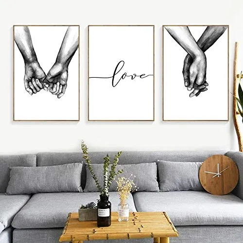 Nordic Poster Tenersi per Mano in Bianco e Nero 3 Pezzi Stampe su Tela Amante Quadri Immagini per Soggiorno Decorazioni per la Camera da Letto Senza Cornice