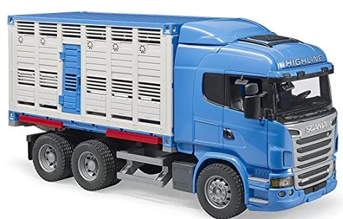 bruder 03549 - camion Scania serie R per il trasporto di animali e 1 bovino, trasportatore di bestiame, camion, veicolo
