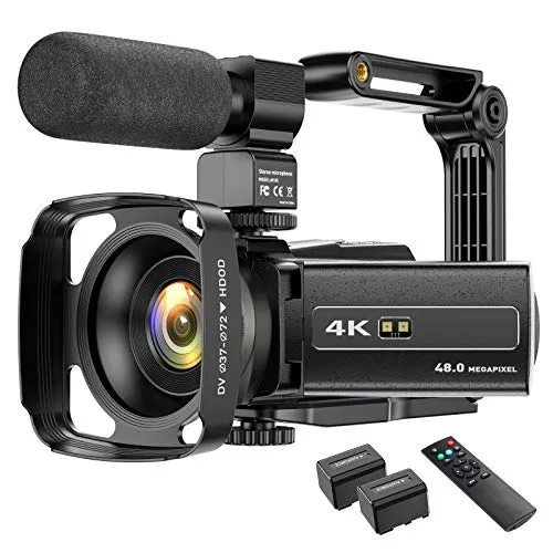 Videocamera 4K, Wi-Fi, 48 MP, visione notturna IR, per vlogging, zoom digitale 16X, con microfono, supporto per fotocamera e paraluce