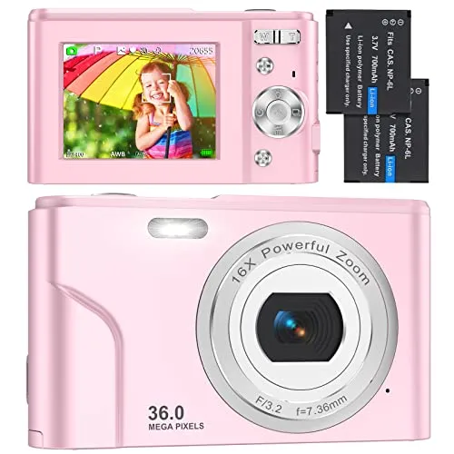 Fotocamera Digitali Compatte 1080P HD Macchina Fotografica, 36 MP Fotocamera Vlogging con Zoom Digitale 2.4" LCD Mini Video Fotocamer con 2 Batteria per Bambini, Adulti, Principianti (pink)