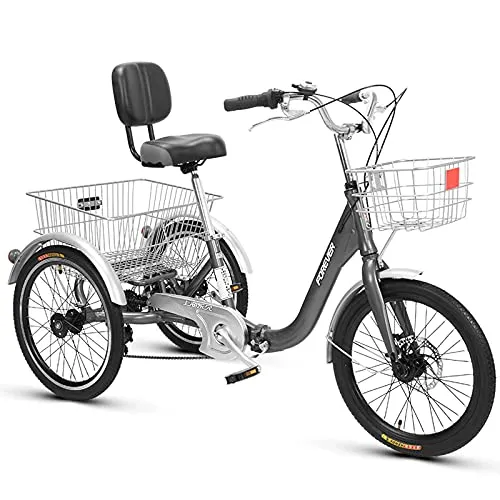 Kays Bici Cruiser Triciclo per Adulti Bicicletta a 3 Ruote Triciclo Pieghevole 20 Pollici Bici A Tre Ruote con Cesto della Spesa Tricicli per Adulti Sedile Schienale Regolabile(Color:Grigio)