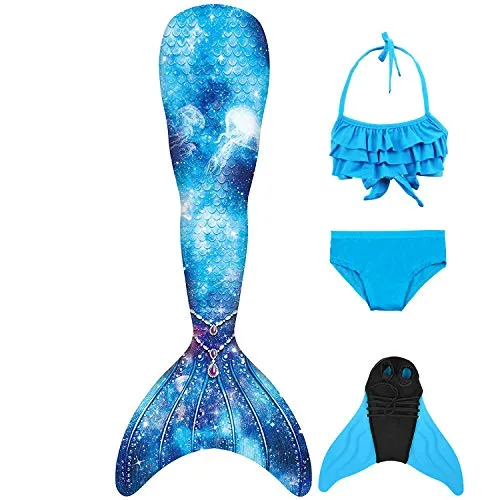 GNFUN Coda di Sirena da Ragazza per Il Nuoto con Costume da Cosplay Flapper Principessa Sirena con Bikini e Monopinna, Set di 4 Pezzi