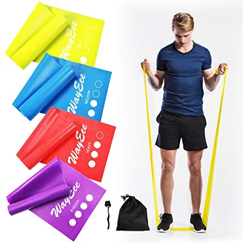 WayEee Banda Elastici Fitness di Resistenza 4 Pezzi, 1,8M Fasce Elastiche con 4 Livelli di Resistenza Fascia Esercizi Ideale per Yoga, Pilates, Allenamento di Forza, Fisioterapia e Riabilitazione