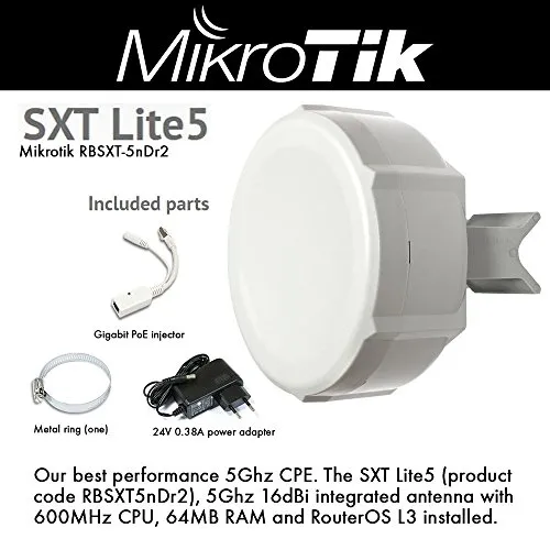 Mikrotik SXT Lite5 Power over Ethernet (PoE) White WLAN access point - WLAN Access Points (10,100 Mbit/s, 64 MB, AR9344-DC3A-R, AR9344-DC3A-R, FCC, CE, ROHS, 16 dBi)
