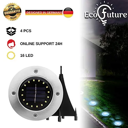 [GARANZIA A VITA] 4 Pezzi, Luci Da Giardino ad Energia Solare 16 LED, Batteria Integrata Impermeabile IP65, Faretti Da Terra, Lampade Solari Per Esterno (Luce Fredda)