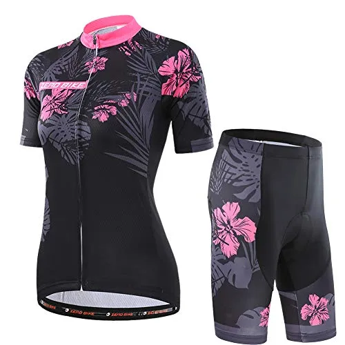 Donne Manica Corta Jersey Abbigliamento Set, Ciclismo Magliette Corta Jersey Camicia + 3D Gel Imbottito Pantaloncini Ciclismo Equitazione Bike Sportswear, M, Azalea