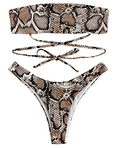 Zaful - set bikini con fascia, con motivo stampato a pelle di serpente, costume da bagno con le spalle scoperte Arancione oro. S