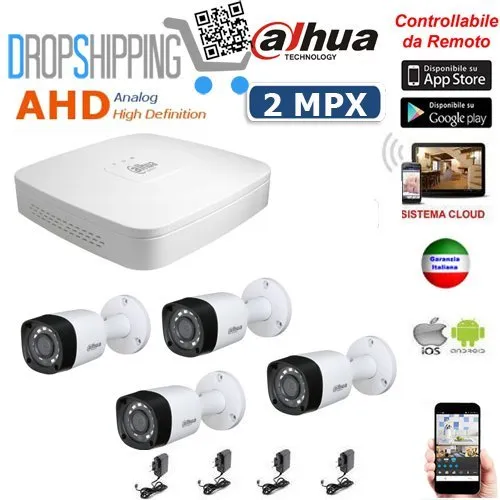 GENERAL TRADERS - KIT VIDEOSORVEGLIANZA AHD DAHUA TELECAMERE INFRAROSSI 2 MPX IP CLOUD DVR