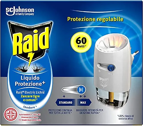 Raid Liquido Elettrico Protezione +, Antizanzare Tigre e Comuni, Confezione da 1 Base e 1 Ricarica 36ml