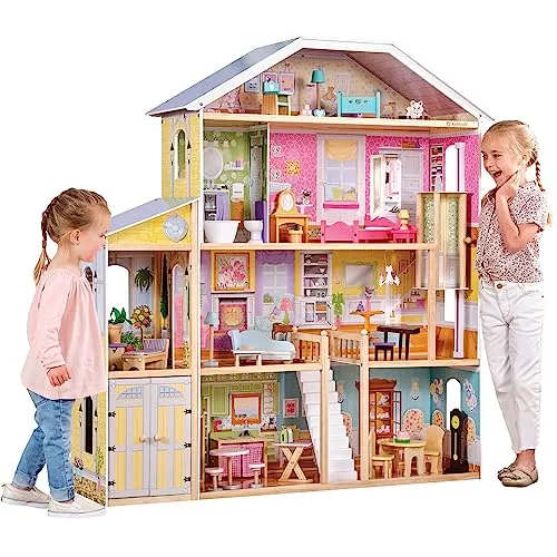 KidKraft Casa delle Bambole in Legno Majestic Mansion con Accessori e Mobili, 4 Piani di Gioco con Gatto, Ascensore e Garage, Giocattolo per Bambini 3+ Anni, 65252, Esclusivo Amazon