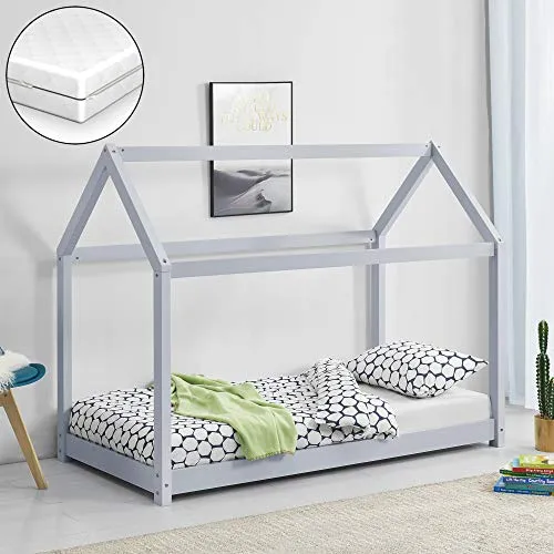 [en.casa] Letto per Bambino a Forma di Casetta con Materasso Anallergico 70 x 140 Lettino di Design Struttura in Legno in Stile Montessori con Materasso a Schiuma Fredda - Grigio Chiaro