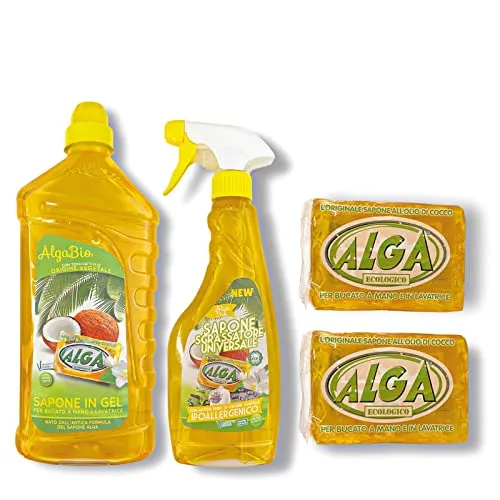 BOX ALGA BIO - 1 Sapone in Gel per Bucato - 1 Sgrassatore Universale - 2 Saponette Molli per Bucato (4 pezzi)