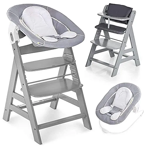 Hauck Seggiolone Pappa Alpha Plus Newborn - Seggiolone Evolutivo dalla Nascita - Sedia Bambini con Sdraietta Dondolo Neonati e Cuscino - (Classic, Grigio)