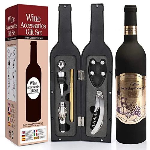 YOBANSA Set di Accessori da Vino a Forma di Bottiglia di Vino,Accessori per Il Vino Include cavatappi,Tappo per Vino,versatore per Vino,Colore Casuale della Scatola di imballaggio(Bottle 03)